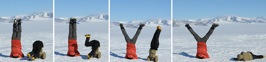 "Former PhD student, Sarah Child (green), does yoga in East Antarctica with mountaineer, Mike Roberts."